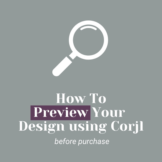 A tutorial graphic titled "How to Preview Your Design using Corjl" with a magnifying glass icon indicates steps for previewing the invitation template before purchase.