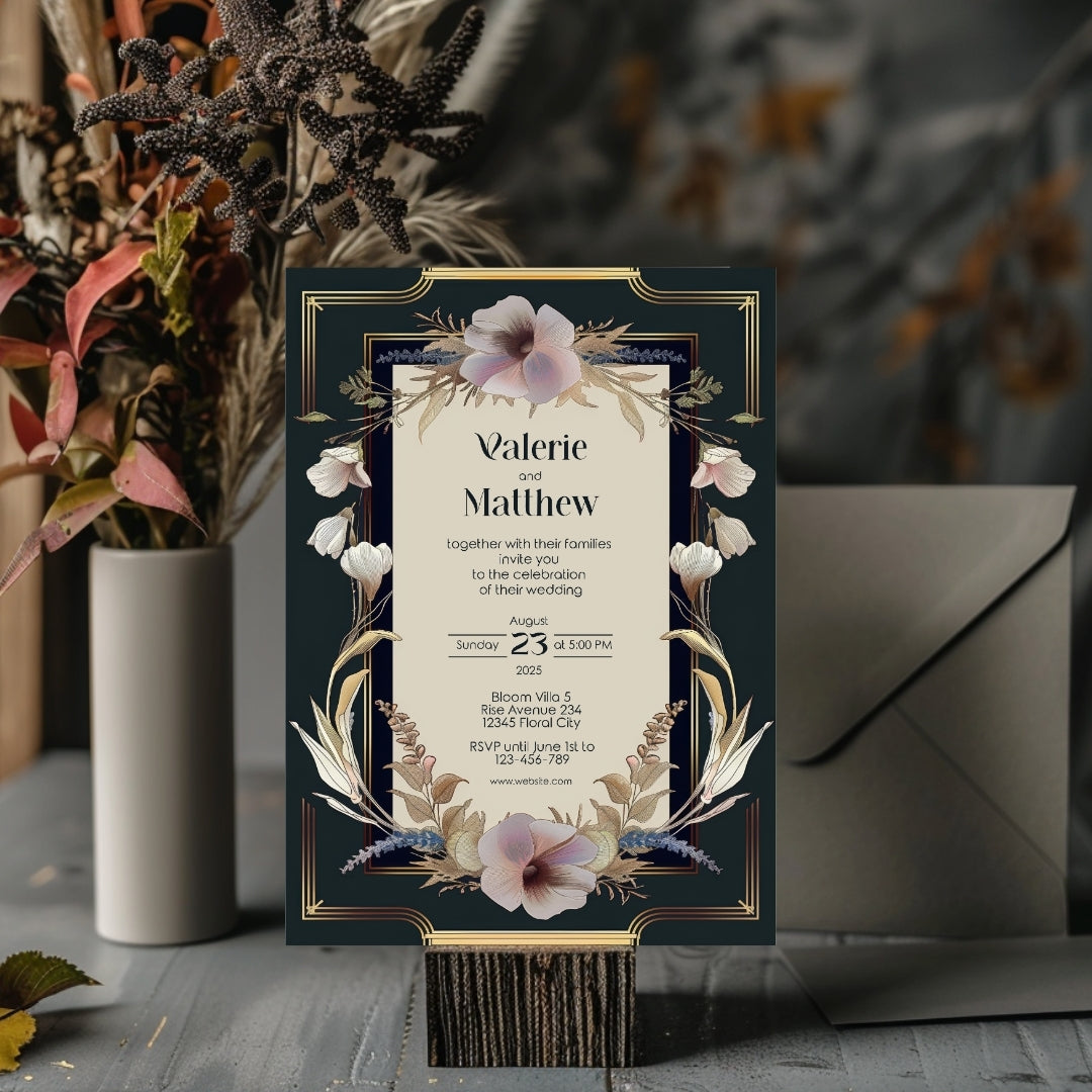 Dark Noble Vintage Floral Frame Wedding Invitation