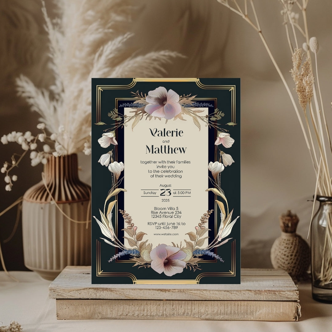 Dark Noble Vintage Floral Frame Wedding Invitation