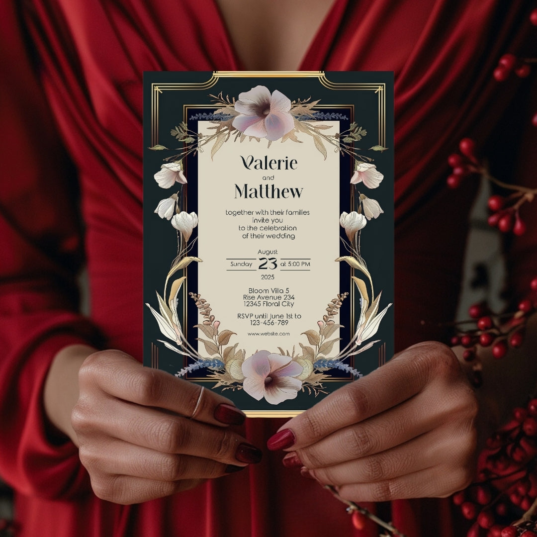 Dark Noble Vintage Floral Frame Wedding Invitation