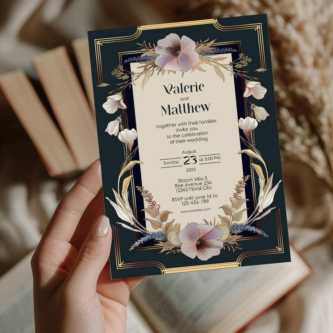Dark Noble Vintage Floral Frame Wedding Invitation