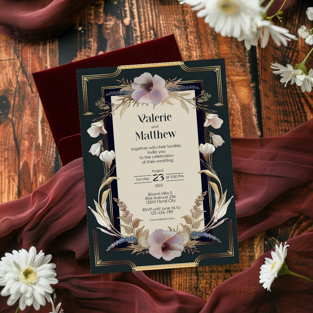 Dark Noble Vintage Floral Frame Wedding Invitation