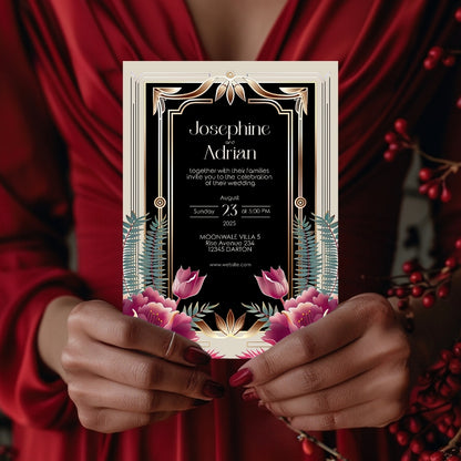 Floral Bouquet Art Deco Wedding Invitation