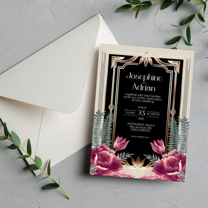 Floral Bouquet Art Deco Wedding Invitation