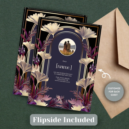 Gold and Purple Floral Art Deco Wedding Invitation