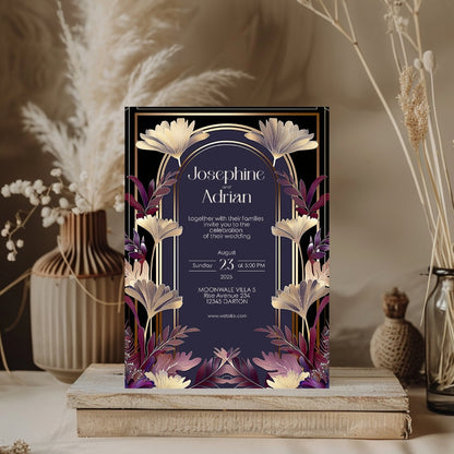 Gold and Purple Floral Art Deco Wedding Invitation