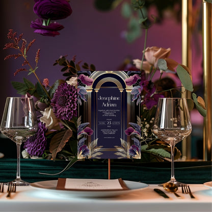Dark Blue and Purple Art Deco Wedding Invitation