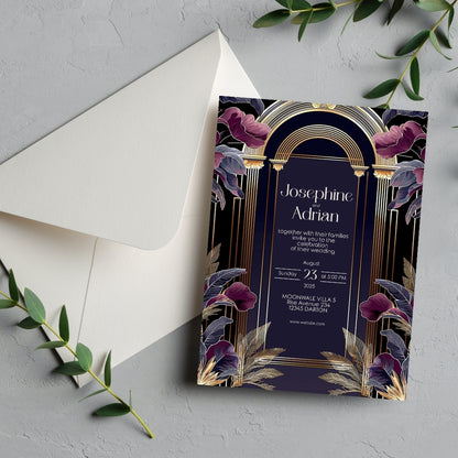 Dark Blue and Purple Art Deco Wedding Invitation
