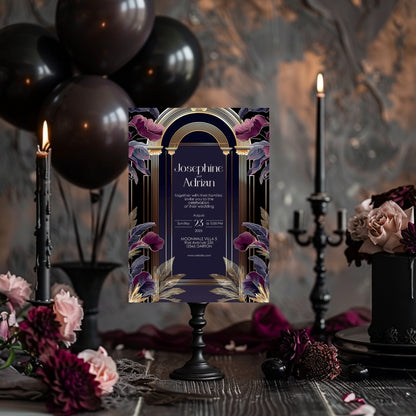 Dark Blue and Purple Art Deco Wedding Invitation