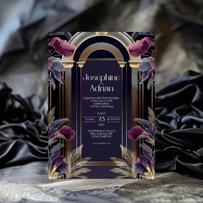 Dark Blue and Purple Art Deco Wedding Invitation