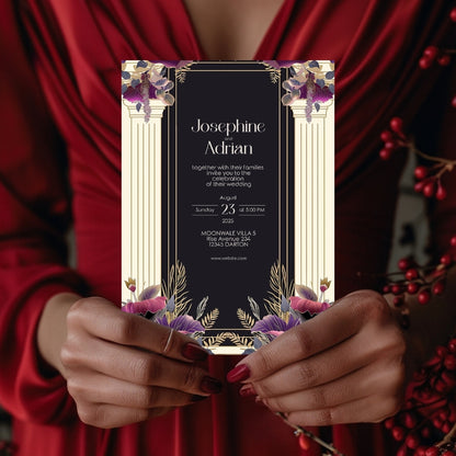 White Cream Roman Pillar Art Deco Wedding Invitation
