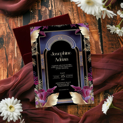 Blue Floral Oriental Arch Art Deco Wedding Invitation
