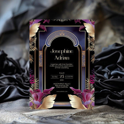 Blue Floral Oriental Arch Art Deco Wedding Invitation
