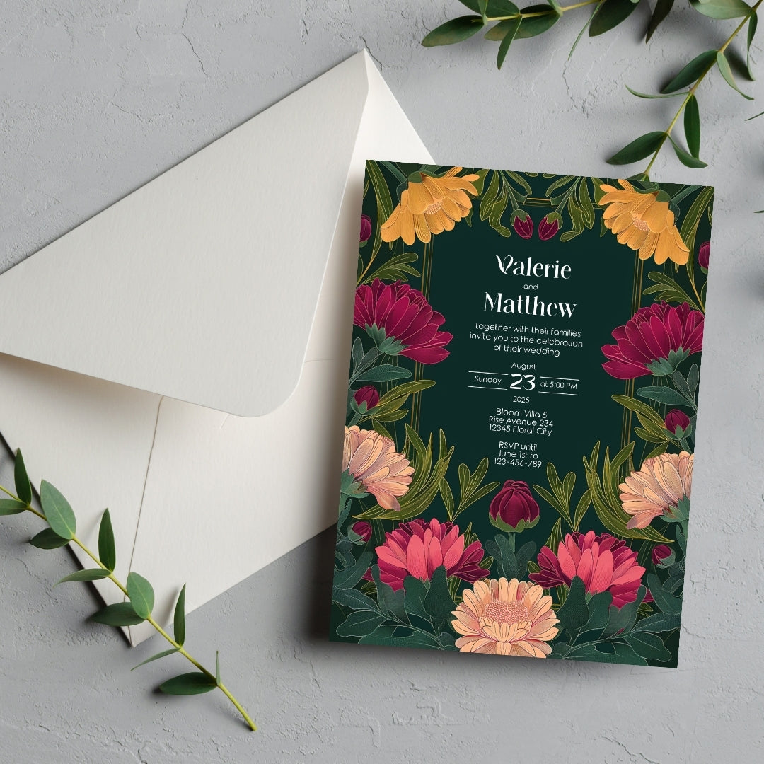Vivid Flower Vintage Garden Wedding Invitation – Goddess Art and Design