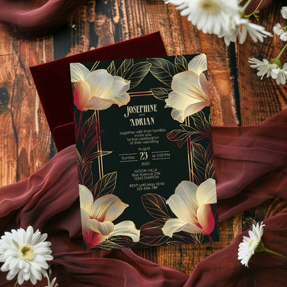 Pink Dark Art Deco Floral Wedding Invitation