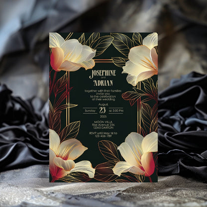 Pink Dark Art Deco Floral Wedding Invitation