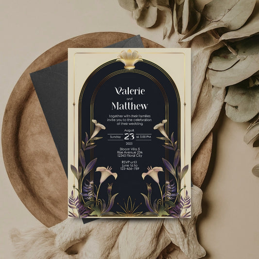 Vintage Floral Art Deco Wedding Invitation