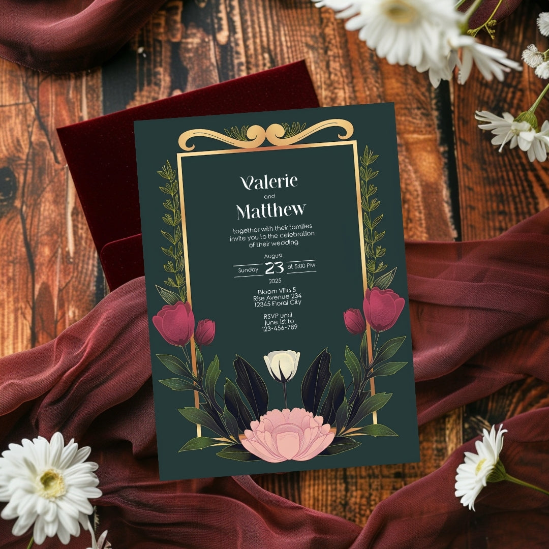 Minimalist Floral Garden Art Deco Wedding Invitation