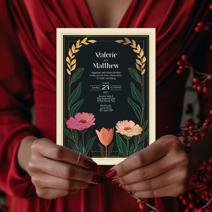 Vintage Minimalist Flower Frame Wedding Invitation