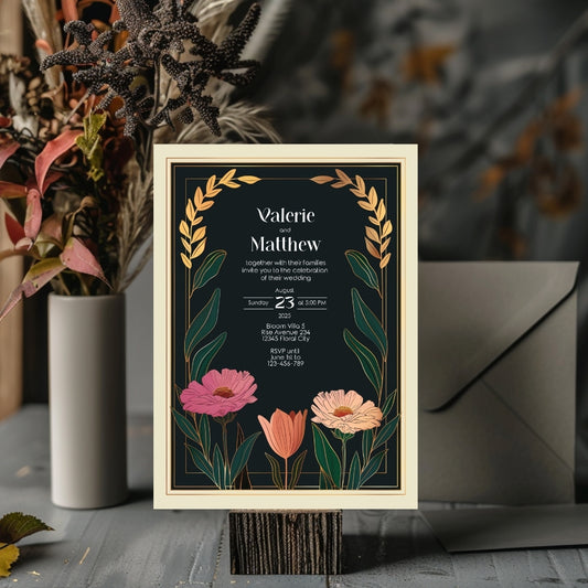 Vintage Minimalist Flower Frame Wedding Invitation