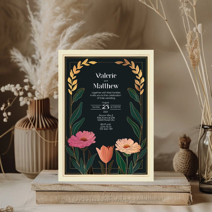 Vintage Minimalist Flower Frame Wedding Invitation