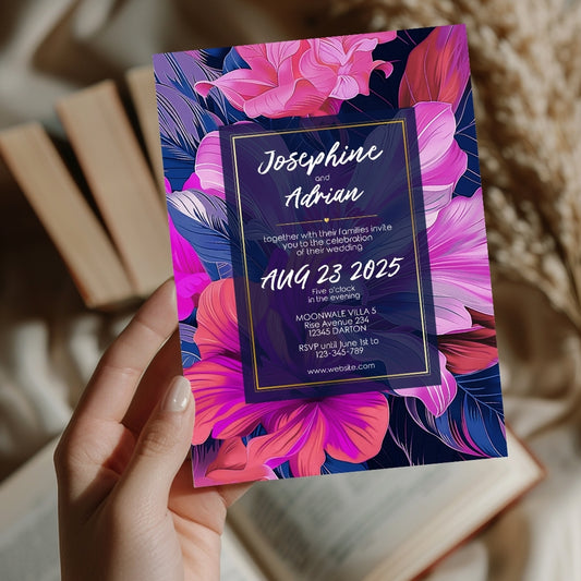 Blue and Pink Floral Minimalist Wedding Invitation
