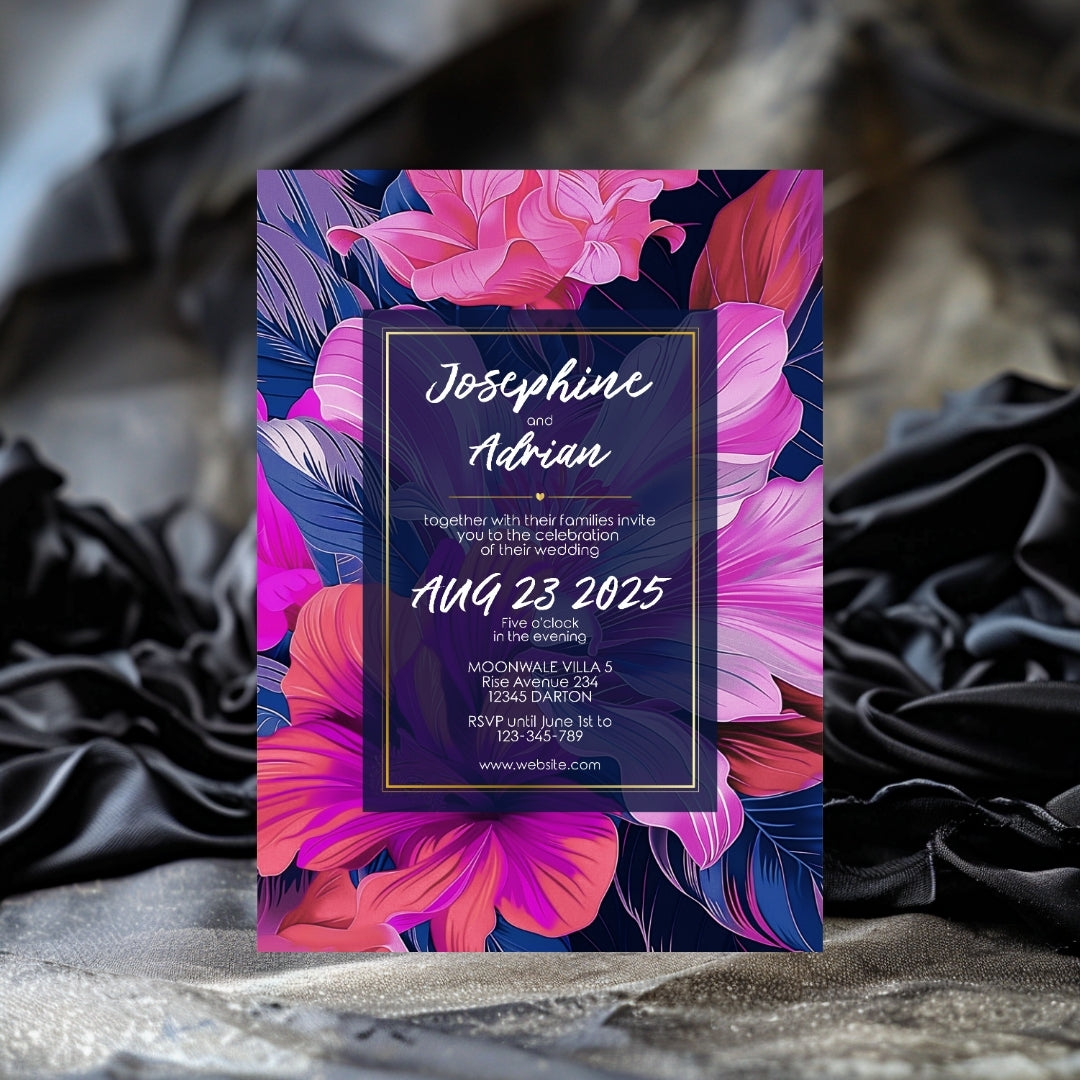 Blue and Pink Floral Minimalist Wedding Invitation