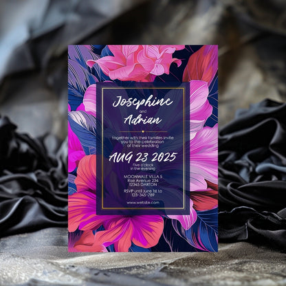 Blue and Pink Floral Minimalist Wedding Invitation