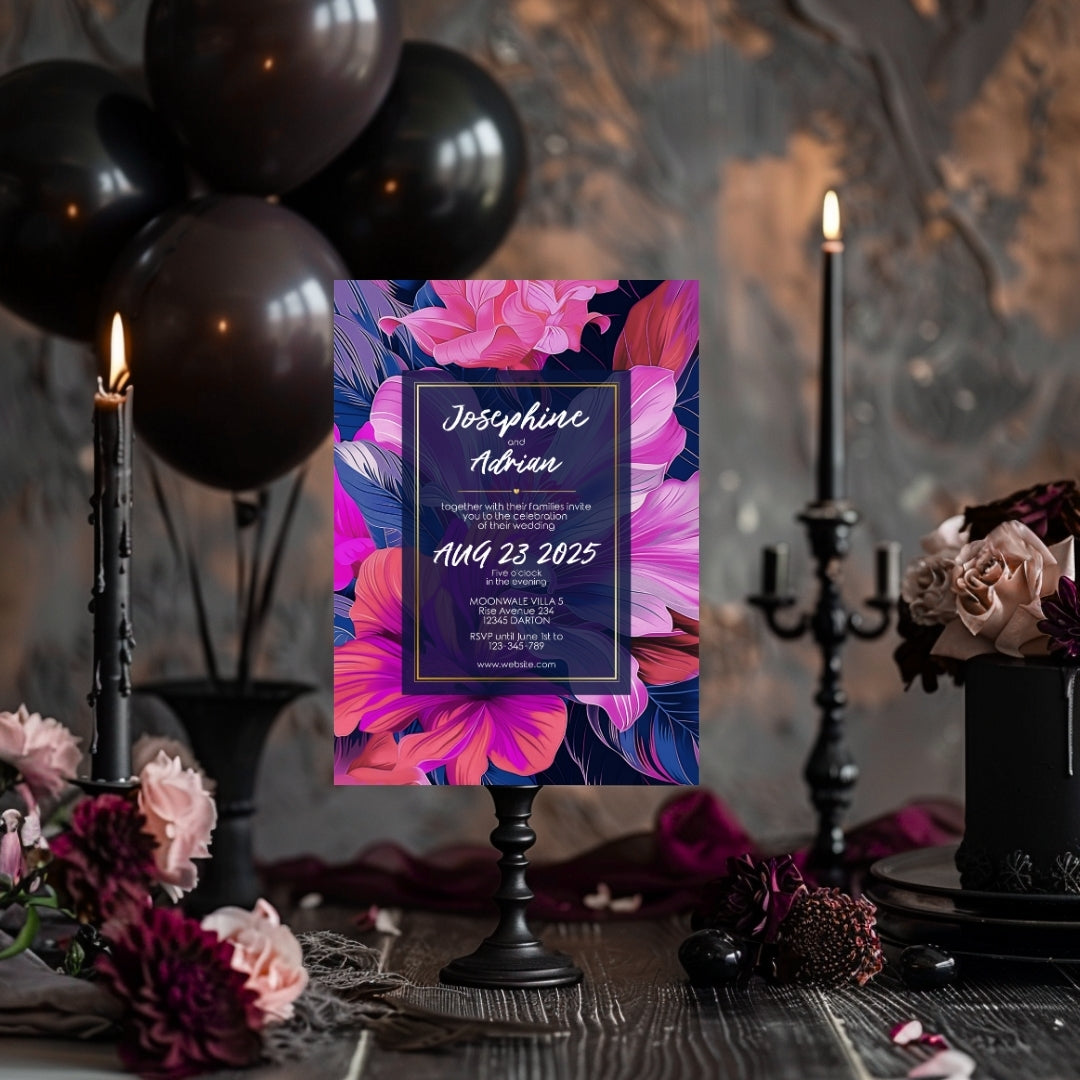 Blue and Pink Floral Minimalist Wedding Invitation