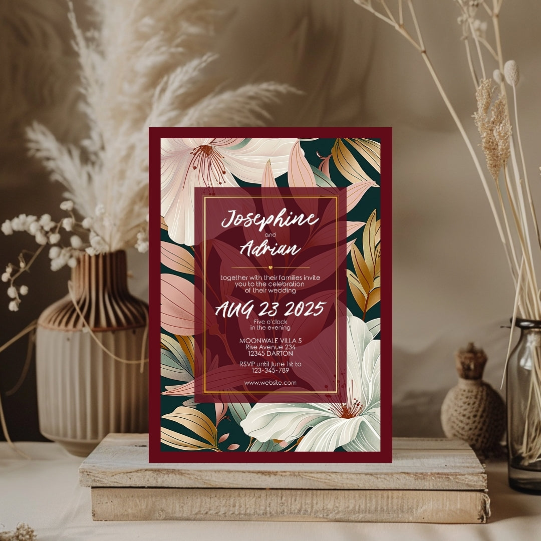 Elegant Floral Red Frame Minimalist Wedding Invitation