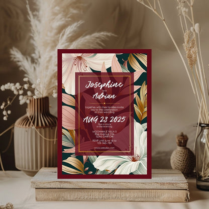 Elegant Floral Red Frame Minimalist Wedding Invitation