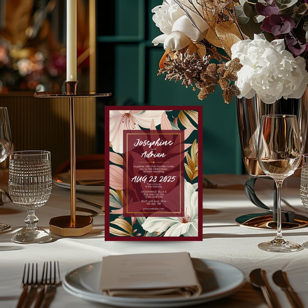 Elegant Floral Red Frame Minimalist Wedding Invitation