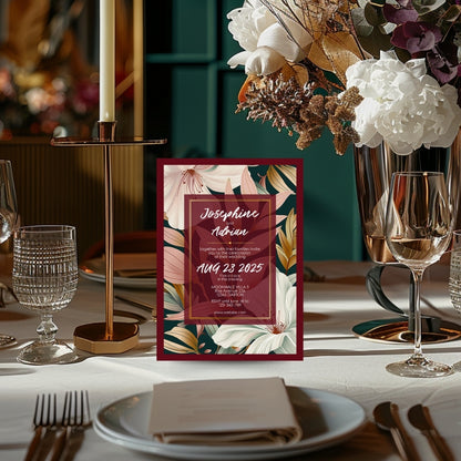 Elegant Floral Red Frame Minimalist Wedding Invitation