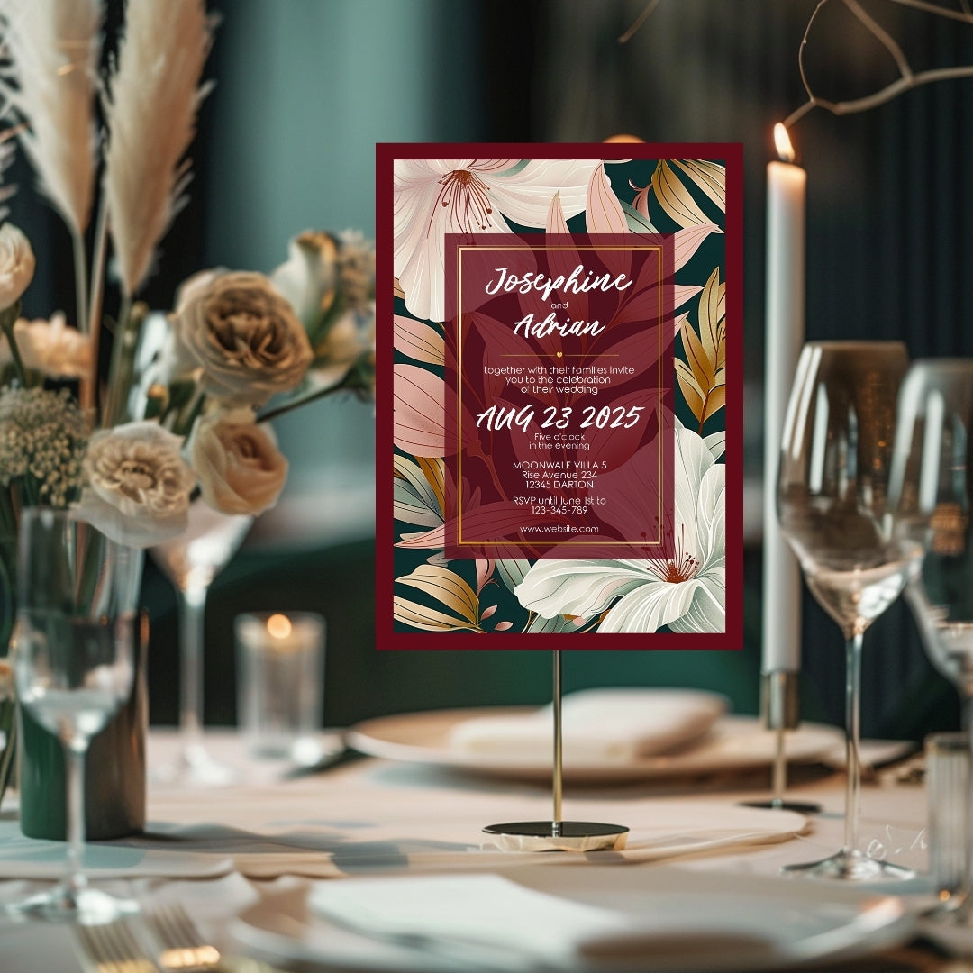 Elegant Floral Red Frame Minimalist Wedding Invitation