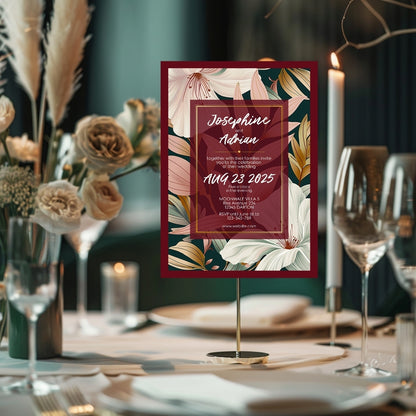 Elegant Floral Red Frame Minimalist Wedding Invitation