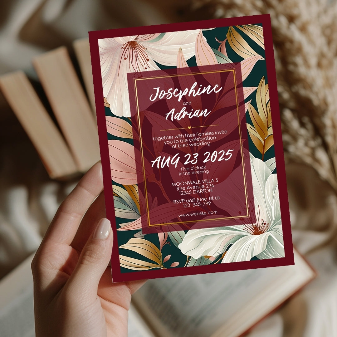 Elegant Floral Red Frame Minimalist Wedding Invitation