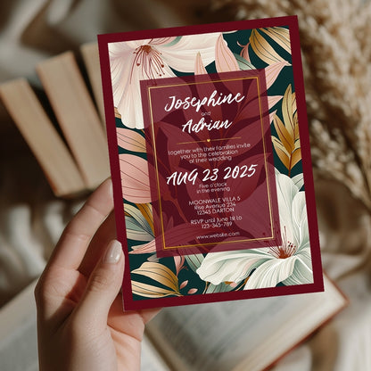 Elegant Floral Red Frame Minimalist Wedding Invitation