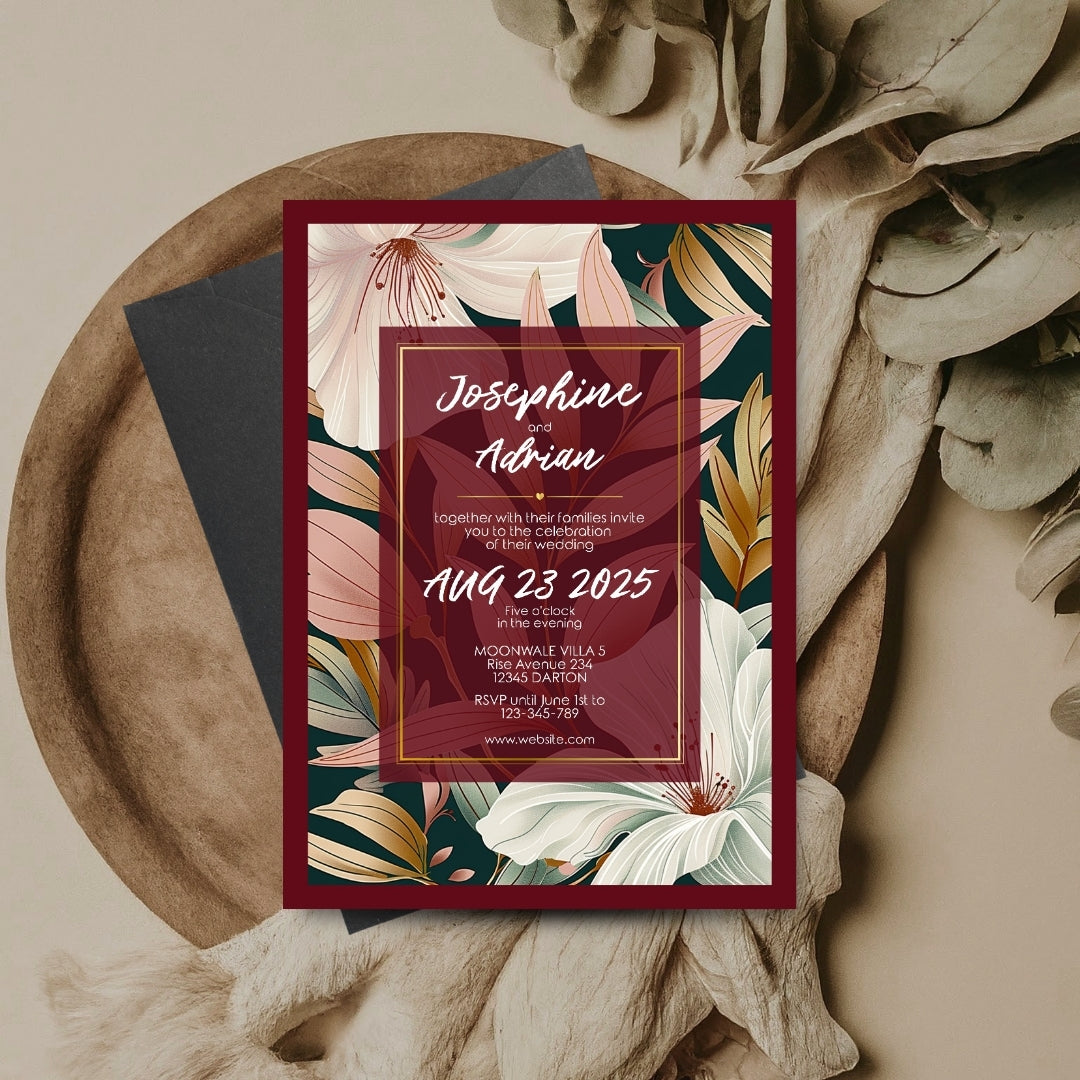 Elegant Floral Red Frame Minimalist Wedding Invitation