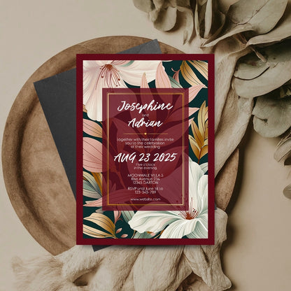 Elegant Floral Red Frame Minimalist Wedding Invitation
