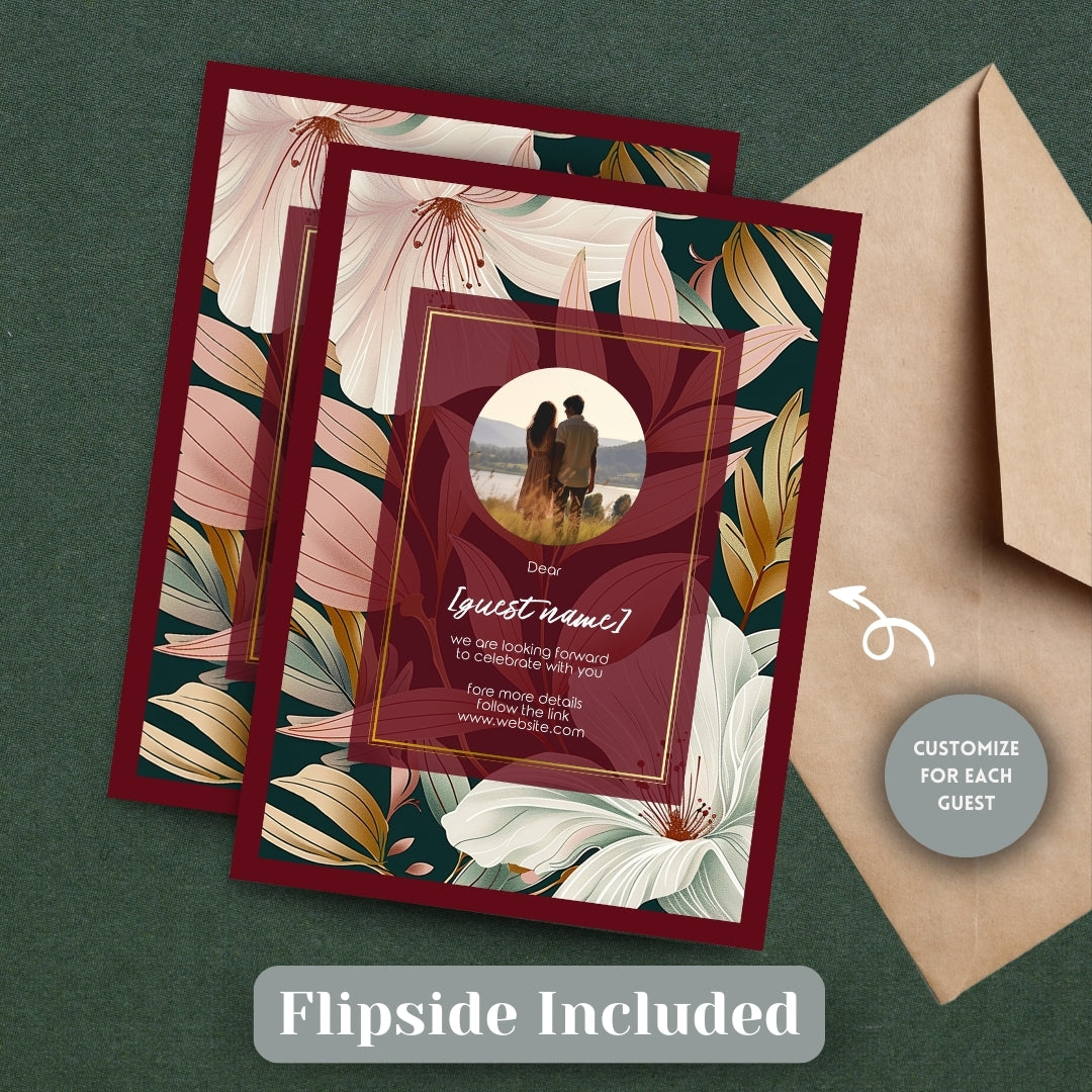 Elegant Floral Red Frame Minimalist Wedding Invitation