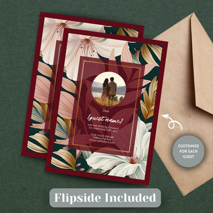 Elegant Floral Red Frame Minimalist Wedding Invitation