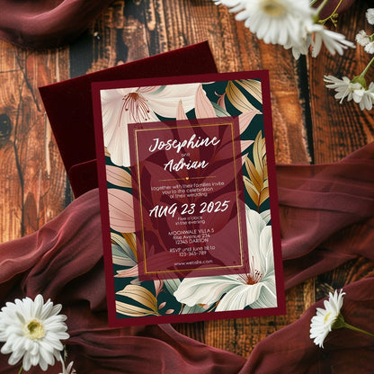 Elegant Floral Red Frame Minimalist Wedding Invitation