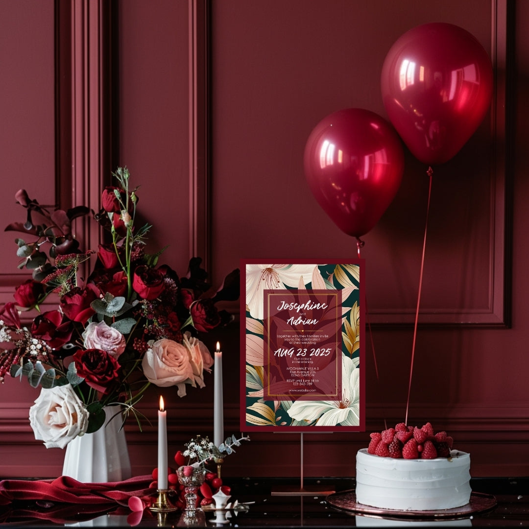 Elegant Floral Red Frame Minimalist Wedding Invitation