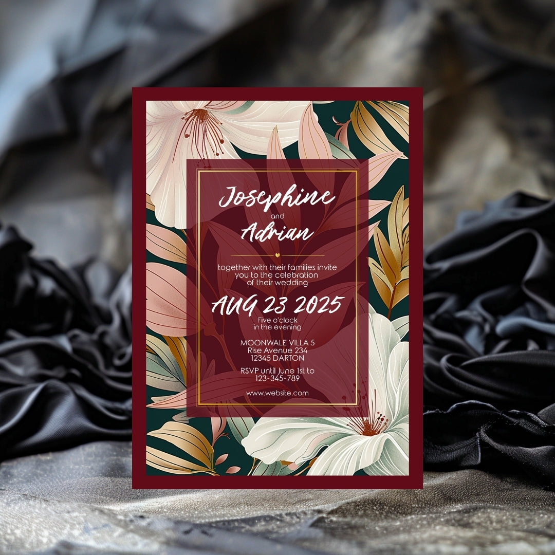 Elegant Floral Red Frame Minimalist Wedding Invitation