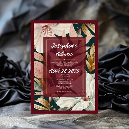Elegant Floral Red Frame Minimalist Wedding Invitation