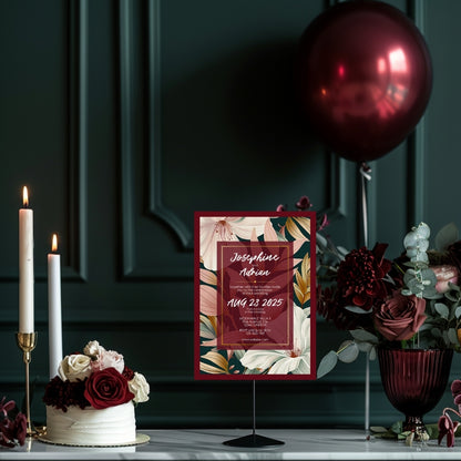 Elegant Floral Red Frame Minimalist Wedding Invitation