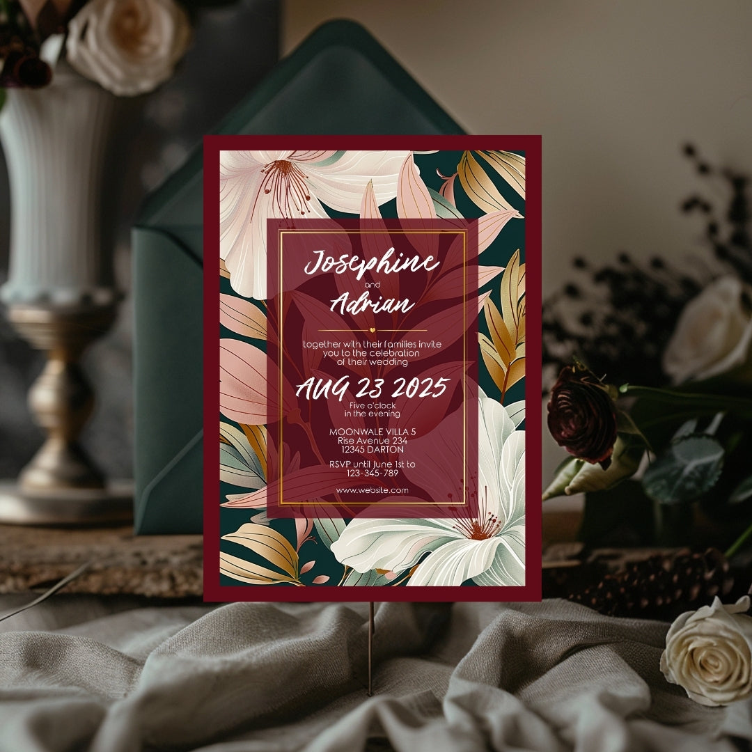 Elegant Floral Red Frame Minimalist Wedding Invitation