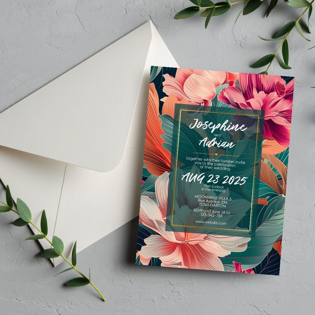 Teal and Orange Florals Minimalist Wedding Invitation