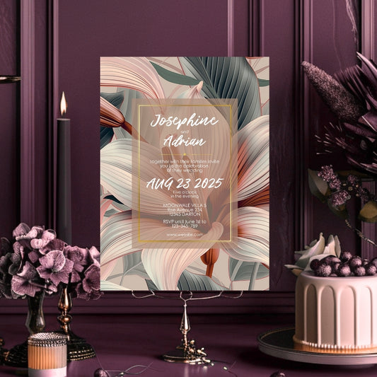 Blush Tropical Floral Minimalist Wedding Invitation