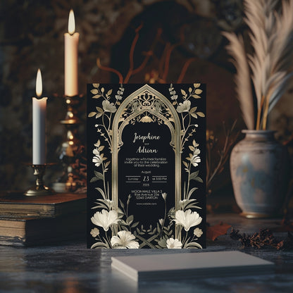 Vintage Gothic Greenery Wedding Invitation